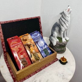 Hosley 120 Pack Assorted Incense Cones Gift Set in Red Storage Book Box. Include 40 Cones Each of Dragon's Blood, Myrrh, Full Moon & A Resin Wolf Incense Cone Holder Ideal for Home Aromatherapy