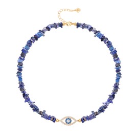 Aobei Pearl Irregular Lapis Lazuli Choker 18K Gold CZ Evil Eye Necklace for Women Gemstone Gravel Beads Necklace Blue Eye Charm Jewelry 15”