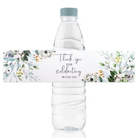 URROMA Water Bottle Label, 100Pcs Thank You for Celebrating with us Greenery and White Plant Wedding Water Bottle Wraps Sticker for Baby Shower