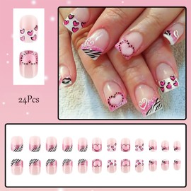 24Pcs Valentines Press on Nails Black Pink Heart French Tip Fake Nails Black White Lips Full Cover Pink Glitter Tip Glue on Nails Cute False Nails Reusable Stick on Nails for Women Acrylic Nails