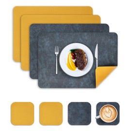 Placemats and Coasters Set of 4, PU Leather Heat-Resistant Table Mats Dual-Sided Waterproof Washable Non-Slip Place Mats for Kitchen Table (Blue Yellow)