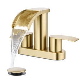 gotonovo 4 Inch Centerset Waterfall Bathroom Sink Faucet Deck Mount 2 Handle Basin Faucets 2 or 3 Hole with Pop Up Drain Included Lavatory Modern Mixer Tap Vanity Faucet Brushed Gold