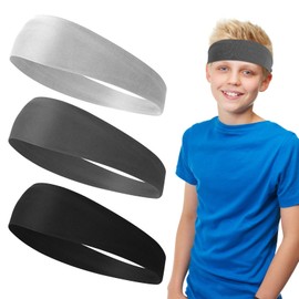 cobee 3 Pcs Kids Boys Headbands, Basketball Headbands for Kids, Breathable Sweatbands Hair Bands, Elastic Sweat Band for Football Basketball Running Tennis(Black Gray Dark Gray)