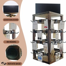 Jewack Wooden rotating Jewelry Display Stand with Removable 48 Hooks advertising board, For Earring Cards necklace bracelet Keychain Jewelry Organizer For Selling For vendor events (Dark brown)