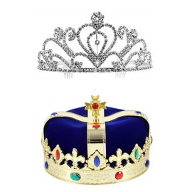 YOVECATHOU 2 Pcs Royal Jeweled King's Crown and Queen's Crown For Wedding, Birthday, Prom, Pageant, Festival Party (Blue)