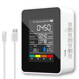 BILIBON 5 En 1 Monitor de Calidad del Aire，Detector de Aire con Sistema de Alarma Inteligente，Puede Detectar CO2, TVOC, Formaldehído, Temperatura y Humedad, Detección Rápida y Precisa en Tiempo Real