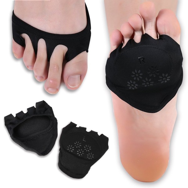 Five Toe Heeless Forefoot Pads 1 Pair Anti-slip Half-Finger Loose Socks Forefoot Pain Relief Support for Dance Yoga Pilates Exercise Black