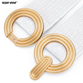 Waist Wow Straw Woven Elastic Belt for Women Fashion Wide Belts Stretchy Boho Belt Ladies Beach Dress Belt with Gold Buckles,white,35"