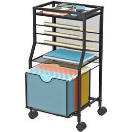 BOHDK Rolling File Cart, 6-Tier Under Desk Organizer on Lockable Wheels, Black Wood Planks & Mesh File Cart with Sliding Drawer and Paper Trays for Office Home School, 14.8" L x 11.8" D x 27.7" H