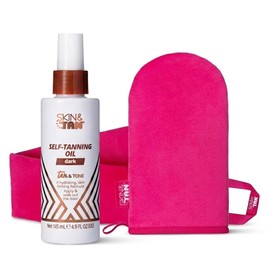 SKIN & TAN Tan & Tone Self Tanning Oil Dark Bundle - Hydrating, Firming, No-Rinse Formula for Golden Bronze - Streak-Free Application 145ml + Application Mitt & Back Applicator
