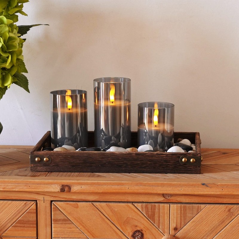 Homemory Grey Glass Flameless Candles, Battery Operated LED Pillar Candles