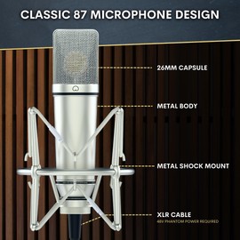 Melon Audio MA-87 Studio Condenser Microphone, 26mm Gold Large Diaphragm Capsule, Including Foam Filter, Metal Shock Mount, XLR Cable and Mic Bag - for Singing, Vocal Recording and Podcasting