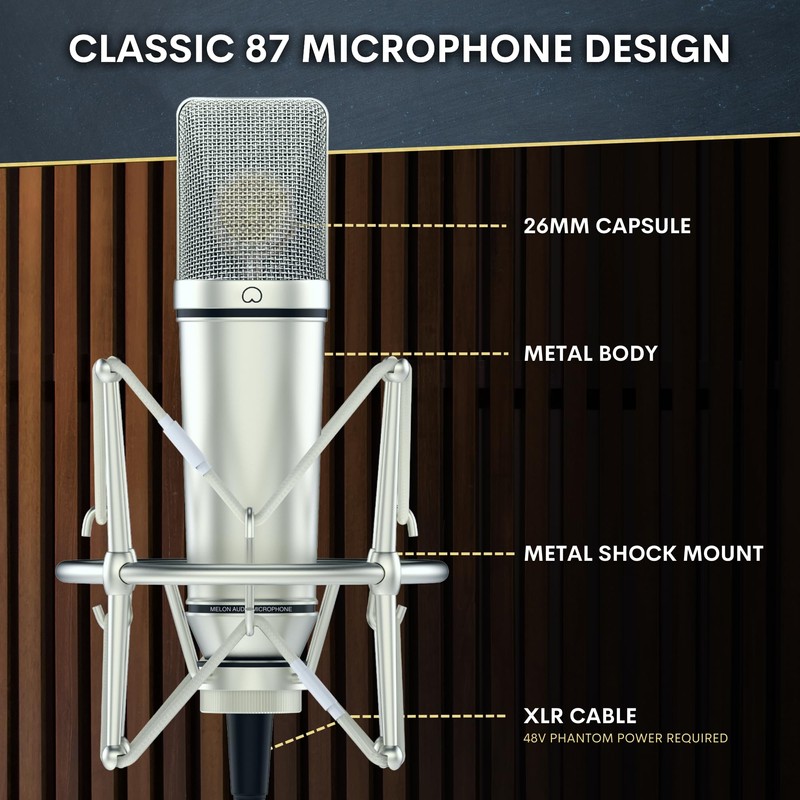 Melon Audio MA-87 Studio Condenser Microphone, 26mm Gold Large Diaphragm