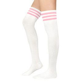 Durio Overknees Stockings Women's Winter High Socks Women's Overknees Socks Warm Long Socks Thermal Long Stockings Women's Knee Socks, White with pink stripes