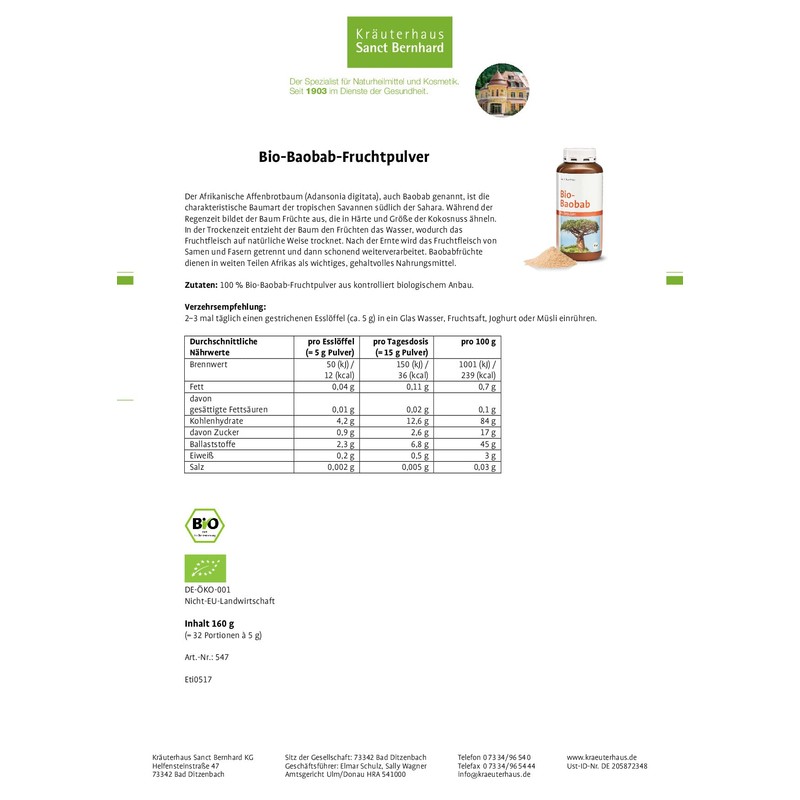 Sanct Bernhard Bio-Baobab-Fruchtpulver 160 g