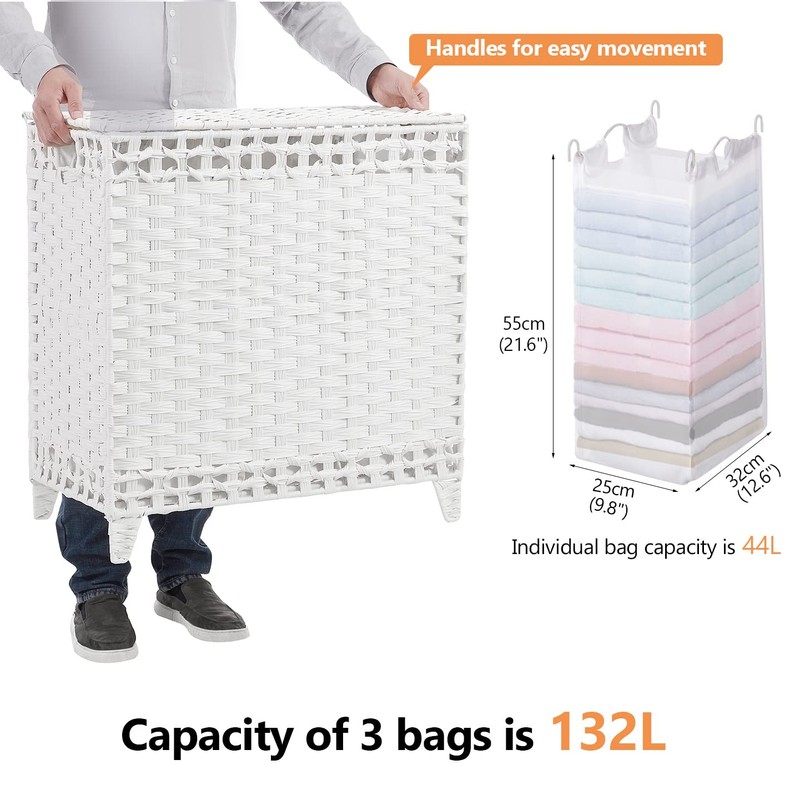 Laundry Hamper with 3 Removable Liner Bags; 132L Handwoven Rattan