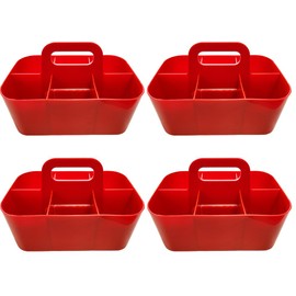 Enjoy Organizer - Small Stackable Plastic Caddy with Handle 6 Compartment | Desk, Makeup, Dorm Caddy, Classroom Art Organizers - 4 Pack, Made In USA (Red)