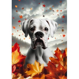Boxer White Uncropped - Best of Breed Fall Leaves Outdoor Garden Flag 12" x 17" Mailbox Flag Dog Flag