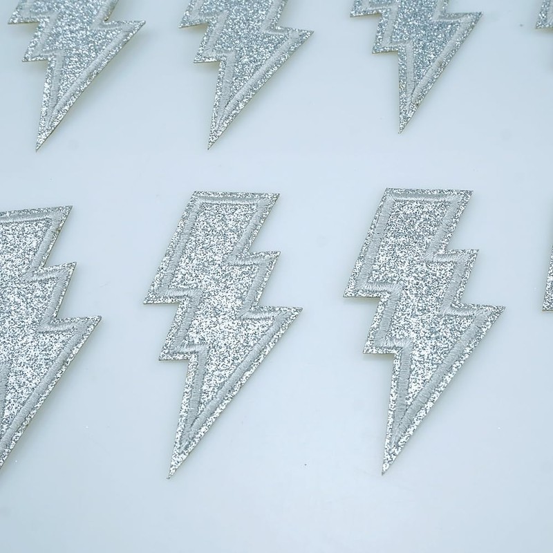 SaktopDeco 12 PCS Silvery Glitter Lightning Iron On Patches Embroidered