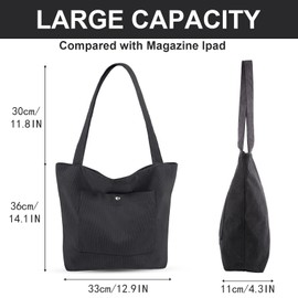 Dongawin Corduroy Tote Bag for Women Large Shoulder Bag with Zipper and Pockets for College School Work Travel Shopping. (black)