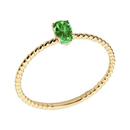 10K Yellow Gold Oval Emerald Twist Band Solitaire Stacking Ring, Size 10
