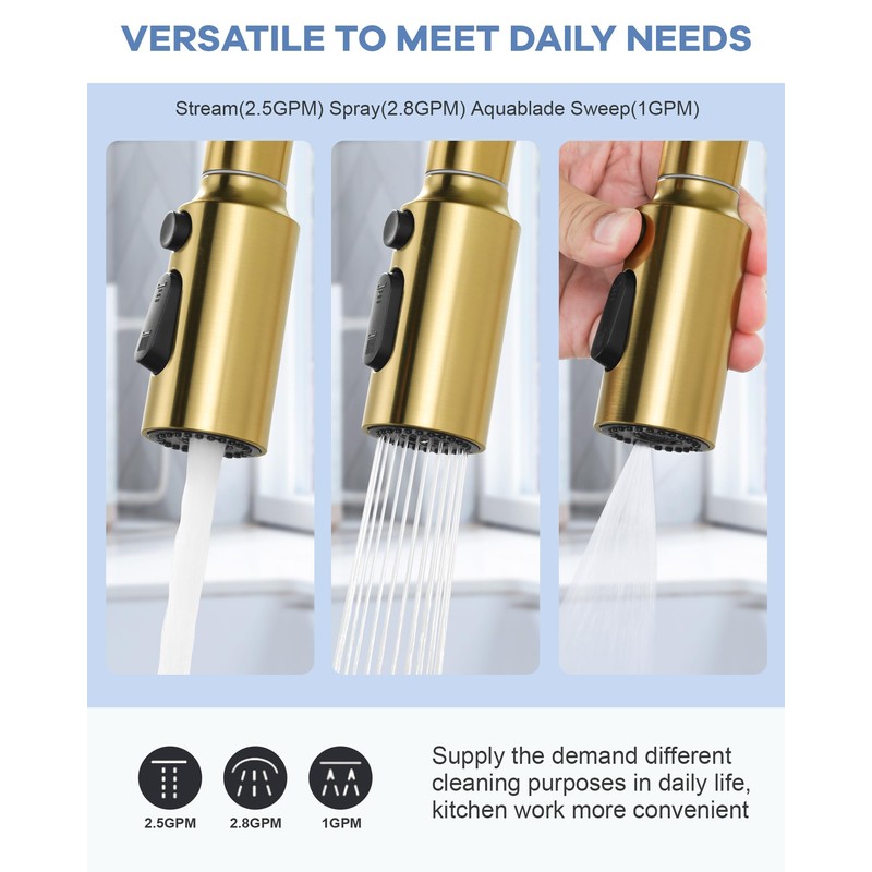 iVIGA Faucet Sprayer Head Replacement: Stainless Steel Gold 3 Function