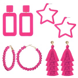 FUNRUN JEWELRY 4Pairs Statement Earrings Geometric Heart Drop Hoop Earrings Boho Long Tassel Dangle Earrings Hot Pink Earrings for Women