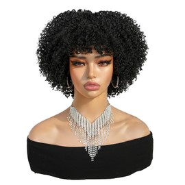 Hanne Fashion Short Curly Afro Wig With Bangs for Women Kinky Curly Wigs Natural Black Afro Wig Heat Resistant Fluffy Synthetic Wigs 1B#