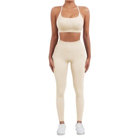 SUUKSESS Women Seamless 2 piece Workout Sets Strappy Padded Sports Bra Booty High Waisted Leggings Outfits (Beige,S)