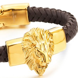 COOLSTEELANDBEYOND Mens Large Braided Leather Bracelet with Steel Lion and Genuine Leather Straps, Length 8.66", Width 0.47", Leather, no gemstone