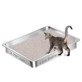 Amibud Low Entry Stainless Steel Cat Litter Box for Big Cats, Extra Large Metal Kitten Shallow Litter Box, Easy Access Kitty Litter Pan Tray, Easy Cleaning -17.72'' Lx 13.78'' W x 2.76'' H