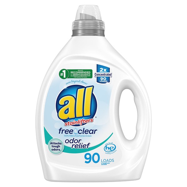 all Laundry Detergent Liquid, Free Clear for Sensitive Skin, Odor Relief, Unscented and Hypoallergenic, 2X Concentrated, 90 Loads
