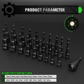 Magnetic Nut Driver Set, 20-Piece Metric & SAE 1/4" Hex Shank, Drill Socket Set, Impact Driver Bit Sets, Magnetic Bit Holder with Aluminum Alloy Snap Clip, 65mm Long Hex Bits, Quick Change Tool
