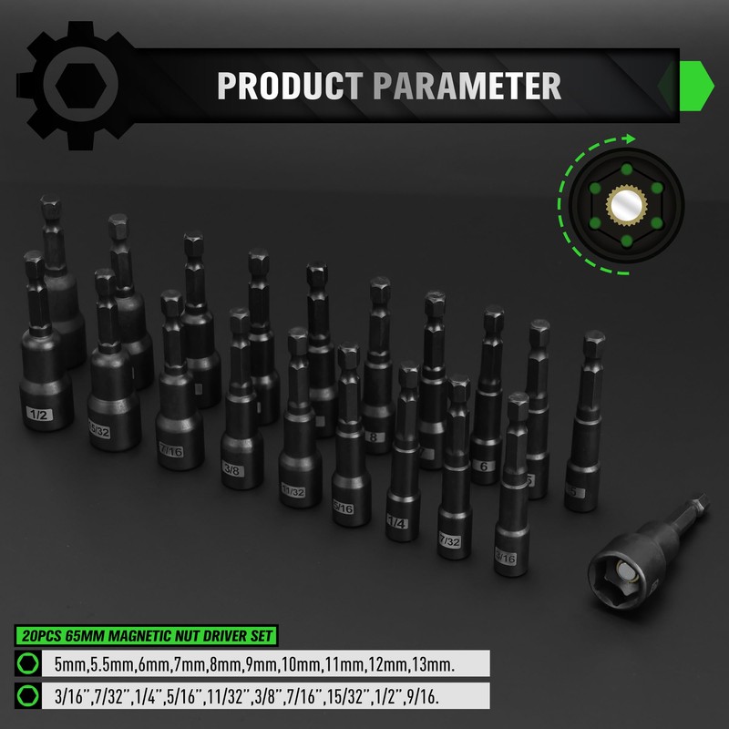 Magnetic Nut Driver Set, 20-Piece Metric & SAE 1/4" Hex