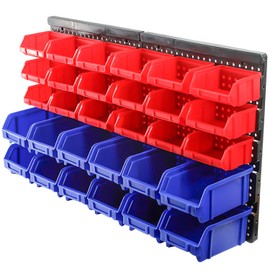 Socpuro Wall Mounted Storage Bins Parts Rack, 30Pcs Bins Plastic Parts Rack Container, 5-Tier Stackable Garage Shop Tool Storage Rack for Nuts Bolts Screws Nails