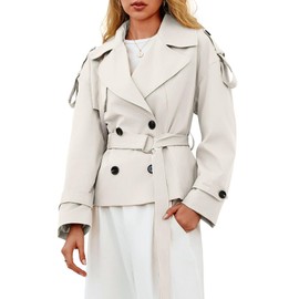 Tankaneo Womens Cropped Trench Coat Casual Double Breasted Short Jacket Fall Fashion Outerwear with Belt