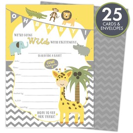 Baby Shower Invitations Jungle Safari Animal Theme Set of 25 Cards and Envelopes, Fill-in Style, Unisex for Boys or Girls. Printed on Heavy 140lb Card Stock.
