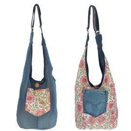 Sunsa Damen nachhaltig Hobo Tasche, Umhängetasche aus recycelte Jeans & Baumwolle. Boho Crossbody Bag.