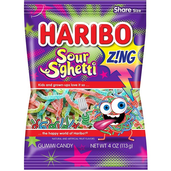 Haribo Gummi Candy, Z!ING Sour S'Ghetti, 4 oz Each, Pack of 12