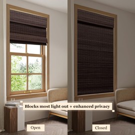 LUCKUP Cordless Bamboo Roman Blinds Shades for Indoor Windows-Blackout Room Darkening Roman Blinds with 6" Valance Cover Enhanced Privacy, 28" W x 64" H