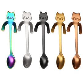 5 Pieces Stainless Steel Coffee Spoons, Tea Spoons for Cats, Mini Kitten Design Mixing Spoon, for Water, Tea, Milk, Coffee, Soup, Sugar, Dessert (5 Colours)