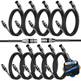 XLR Cable 6 Feet (10 Pack), 22AWG, Zinc Alloy Shells, XLR Male to Female Heavy Duty Cable, 3 Pin Balanced Shielded Microphone Cord, Durable & Flexible Patch XLR Cable, Metal Spring SR-Black