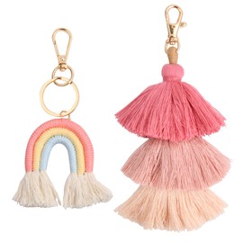 Vesaneae Pack of 2 Boho Rainbow Key Chains, Pom Pom Tassel Bag Charm, Macrame Weaving Rainbow Tassel Keyring Rainbow, Bag Pendant Keychain for Women Girls, Pink, pink