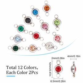 SUNNYCLUE 1 Box 24Pcs Rhinestone Connector Charms Birthstone Charms Connectors Stainless Steel Links Christmas Flat Round Linking Charms for Jewelry Making Charms Women DIY Bracelet Earring Crafts