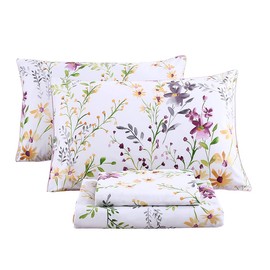 URBONUR Garden Floral Sheets Set 4-Pieces Egyptian Cotton Luxurious Bedding Sheet Set Soft Silky Crisp Percale Sheets Chic Flowers Bed Linen Set (4Pcs, Queen Size)