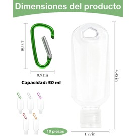 10 Porta Gel Antibacterial, Botellas de Viaje con Ganchos de Seguridad, Diseño Elegante en 5 Colores, Para Uso en Oficina y Viajes, Fácil Transporte en Bolsos y Mochilas