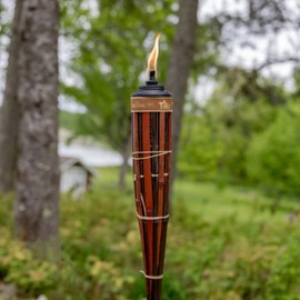TIKI 60-Inch Bamboo Torches (4-Pack) – Natural Outdoor Torches with Easy Pour Canisters, Long-Lasting Fiberglass Wicks & Snuffers – Patio, Garden, Lawn & Backyard Decor – Walnut/Pecan Finish