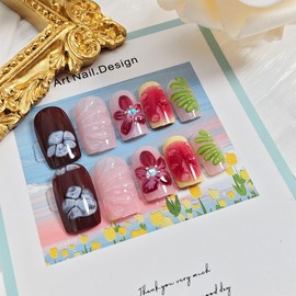 Summer Flower Press on Nails Medium Square Fake Nails with 3D Flower Rhinestones Artificial Glue on Nails Pink Full Cover Cute False Nails Spring Summer Stick on Nail Red Floral Acrylic Nail 24Pcs