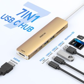 MOKiN USB C Hub HDMI Adapter for MacBook Pro/Air, 7 IN 1 USB C Dongle Mac Adapter with HDMI, USB C Data Port,100W PD,SD/TF and 2 USB 3.0 for Dell/Lenovo/Thinkpad(Gold)