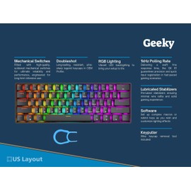 Geeky GK61 SE 60% | Mechanical Gaming Keyboard | 61 Keys Multi Color RGB LED Backlit for PC/Mac Gamer | ANSI US American Layout (Black, Mechanical Black)